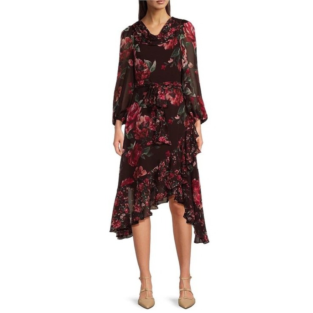 Alex Marie Birdie Chiffon Floral Print‎ Ruch Cowl Neck Tie Waist Ruffled Midi